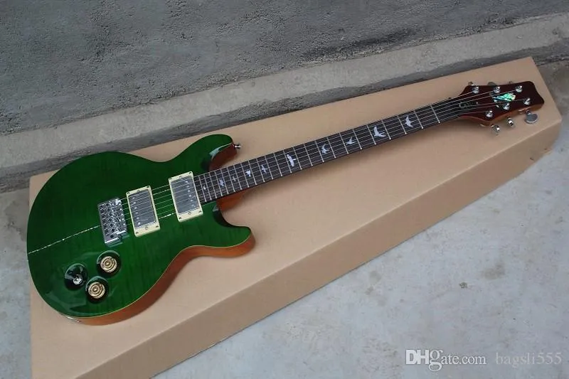 Бесплатная доставка Раскрашенная Корпуса Inlay Tiger Flame Maple 24 пользовательских Green Falls Rock Shop Электрогитара