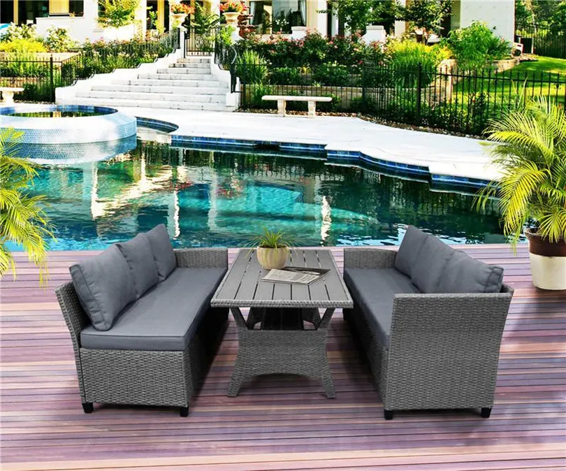 US Stock Utomhus Trädgård Matbord Set PE Rattan Wicker Conversation Set All-Weather Sectional Sofa Set Table Soft Kuddar Sh000073ae