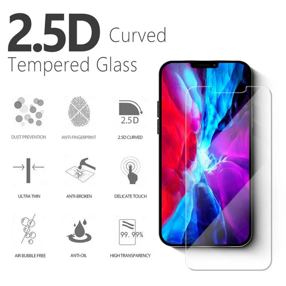 Proteggi schermo per telefono in vetro temperato trasparente 0,33 mm 2,5D per iPhone 13 12 11 PRO XR XS MAX Samsung A92 A72 A52 A42 A32 A22 A12 A02 A02S 50 pezzi per confezione accettano misto