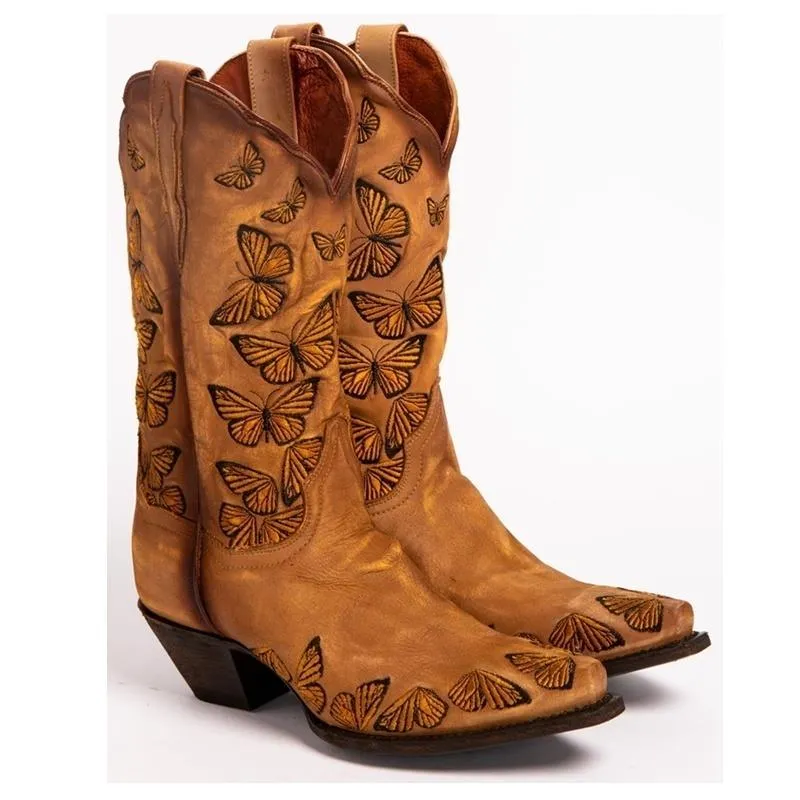 2021 femmes rustique Tan brodé papillon Cowgirl bottes Western femmes rétro genou haut à la main en cuir Cowboy