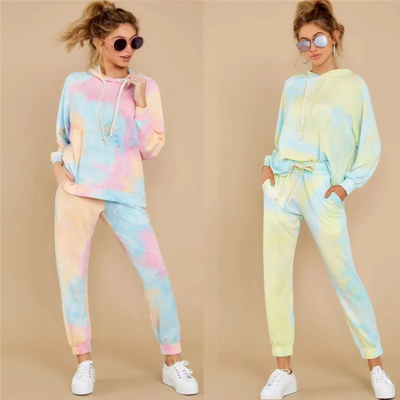 Tie Dye damskie Dotykowy Trend Moda Trend Z Długim Rękawem Top Bluza z kapturem 2 Sztuk Zestawy Designer Kobiet Luźne Dorywczo 2 sztuk Garnitury