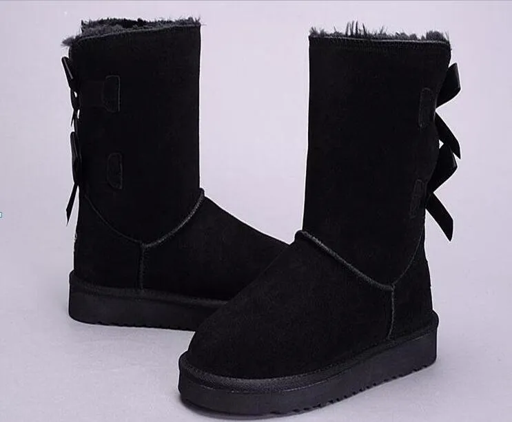 Vrouwen Laarzen voor Meisjes Korte Mini Klassieke Knie Tall Winter Sneeuw Boot Bailey Bow Dames Booties Enkel Bowtie Zwart Grijze Kastanje 4 Kleur DS2Q Maat 5-10