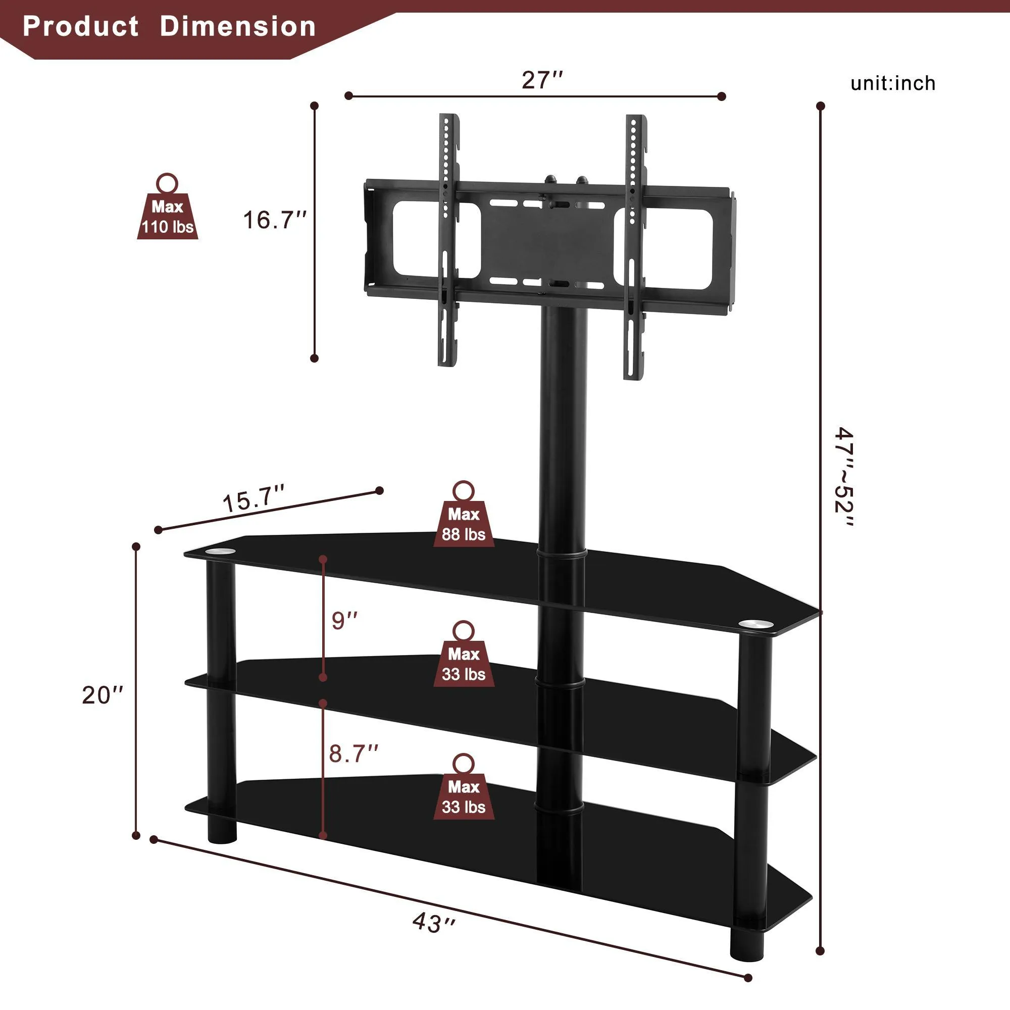 US STOCK Black Multi Function TV Stand Height Adjustable Bracket