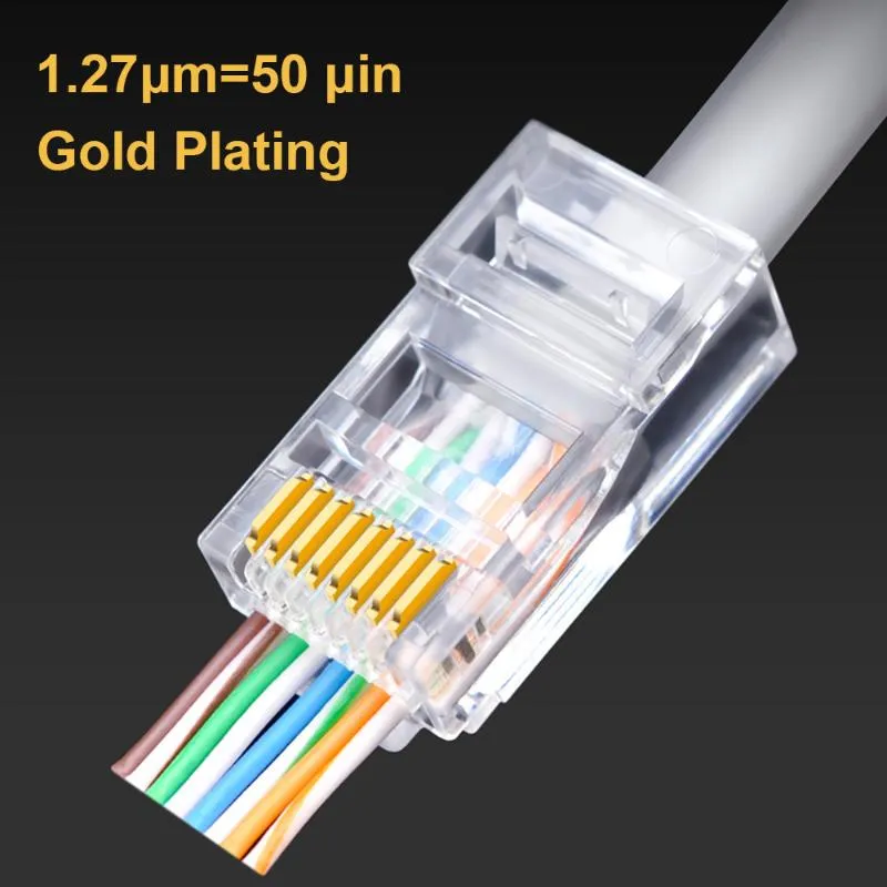 OULLX 50U RJ45 CONNECTOR CAT6 UTP GOLD pläterad passera genom Ethernet-kablar Nätverk RJ-45 Crystal Heads CAT5 CAT5E 20/50 / 100PCS