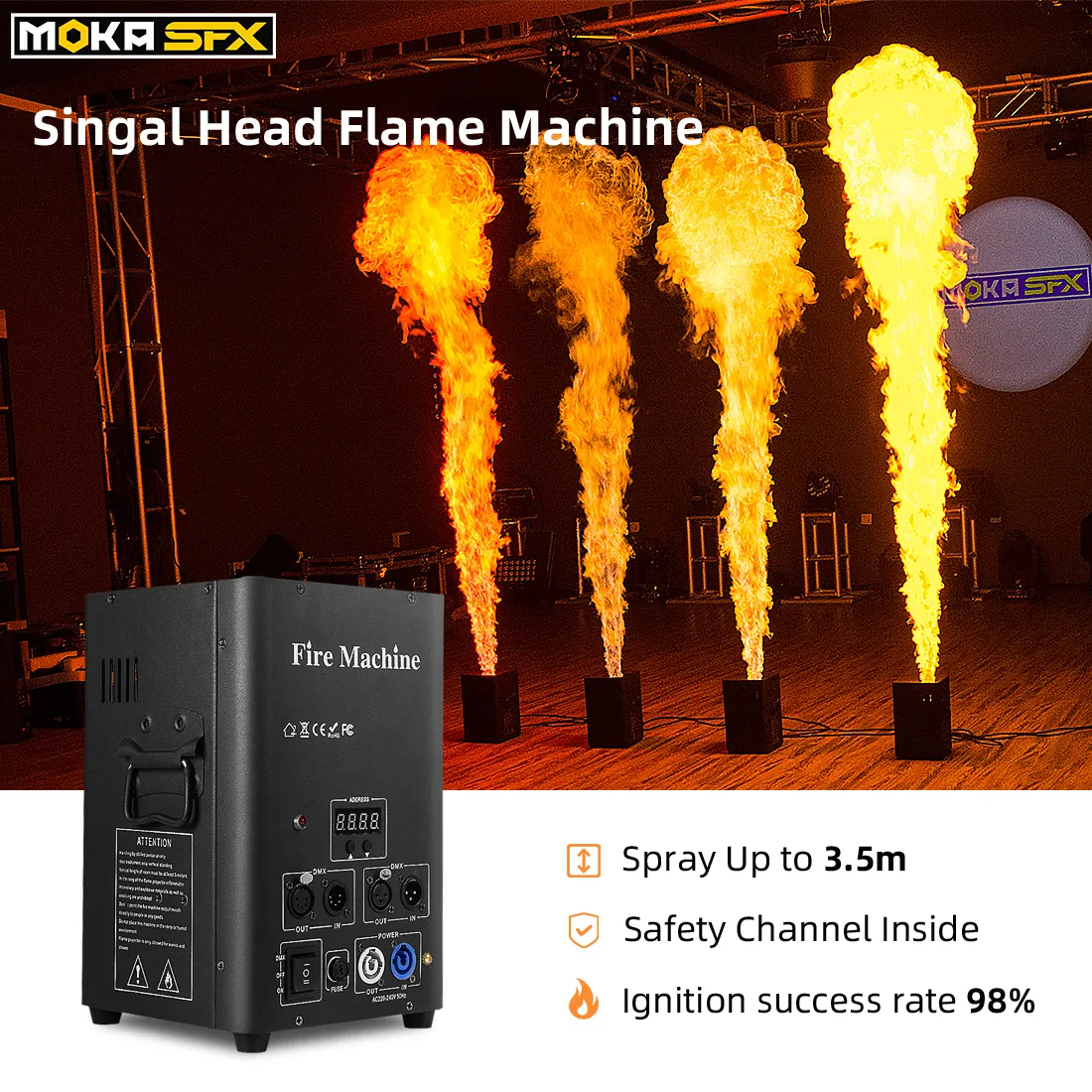Spanien Stock 2st/Lot Flame Machine Stage Lighting Spray 2-4M DMX Flame Genius Safety Channel Fire Projector för nattklubbparti DJ