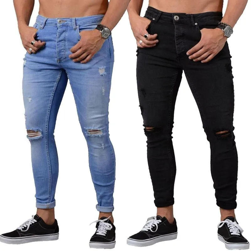 2020 männer Dünne Jeans Schwarz Distressed Denim Stretch Jeans Männer Hombre Slim Fit Mode Elastische Taille Loch Böden3.22