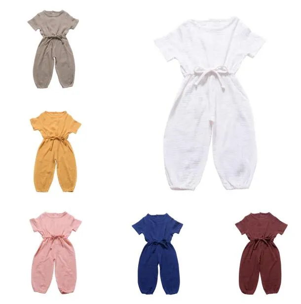 Baby flicka casual jumpsuits barn solid färg o-hals lacing lykta jumpsuits pojke sommar jumpsuit baby spädbarn flicka casual kläder by1568