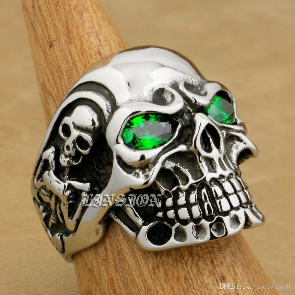 LINSION Huge Heavy 316L Stainless Steel Green CZ Eyes  Skull Mens Boys Biker Rock Punk Ring 3A301