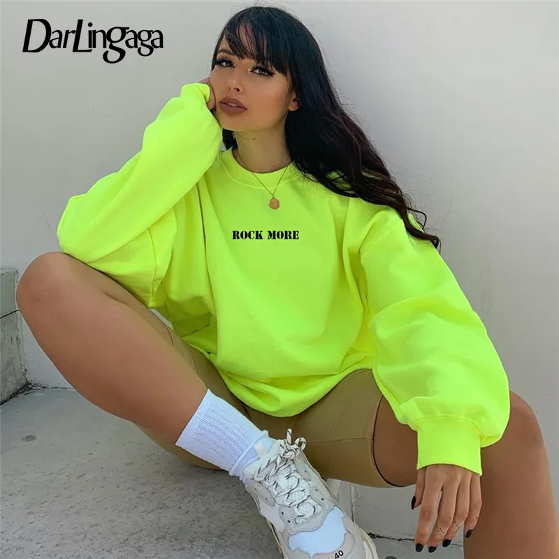 Darlingaga Streetwear Lâche Néon Vert Sweat Femmes Pull Lettre Imprimé Casual Hiver Sweats À Capuche Kpop Vêtements T200813