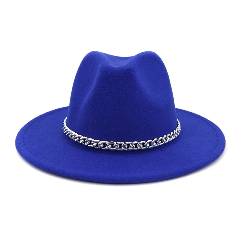 Stylish Blue Fedora Hat with Chain Detail Faux Leather Braided Chain Band Pointed Fedora Hat  main image 2