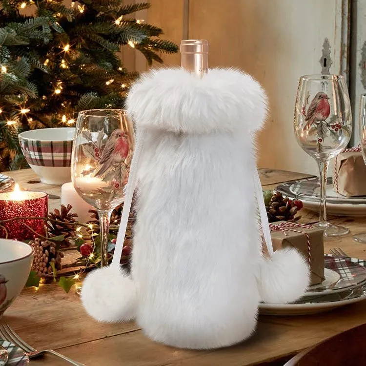 Sac à cordon créatif porte-bouteille de vin en peluche blanc pur restaurant ensemble de vin de Noël décoration de Noël T2I51308