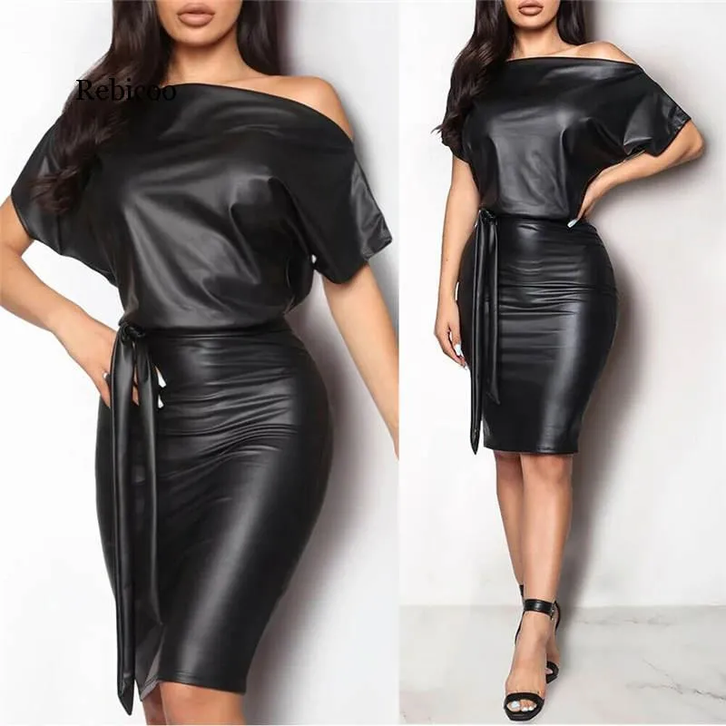 Slim Dresses Black Asymmetrical Sexy Faux Leather Bodycon Dress Women Summer Short Sleeve Kne Length Dress