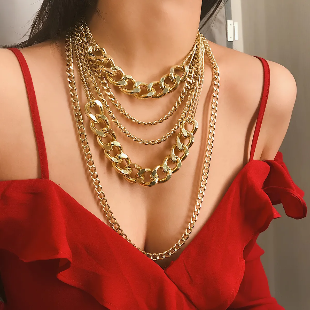 Punk Chunky Cuban Link Chain Choker Necklace Rock Layered Gold Color Long Pedant Necklace for Women Exaggerated Jewelry