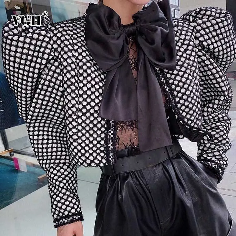 여성용 재킷 vgh 캐주얼 체크 무늬 여성 코트 o 목 퍼프 긴 소매 튜닉 ruched 히트 컬러 슬림 짧은 여성 패션 2021 의류