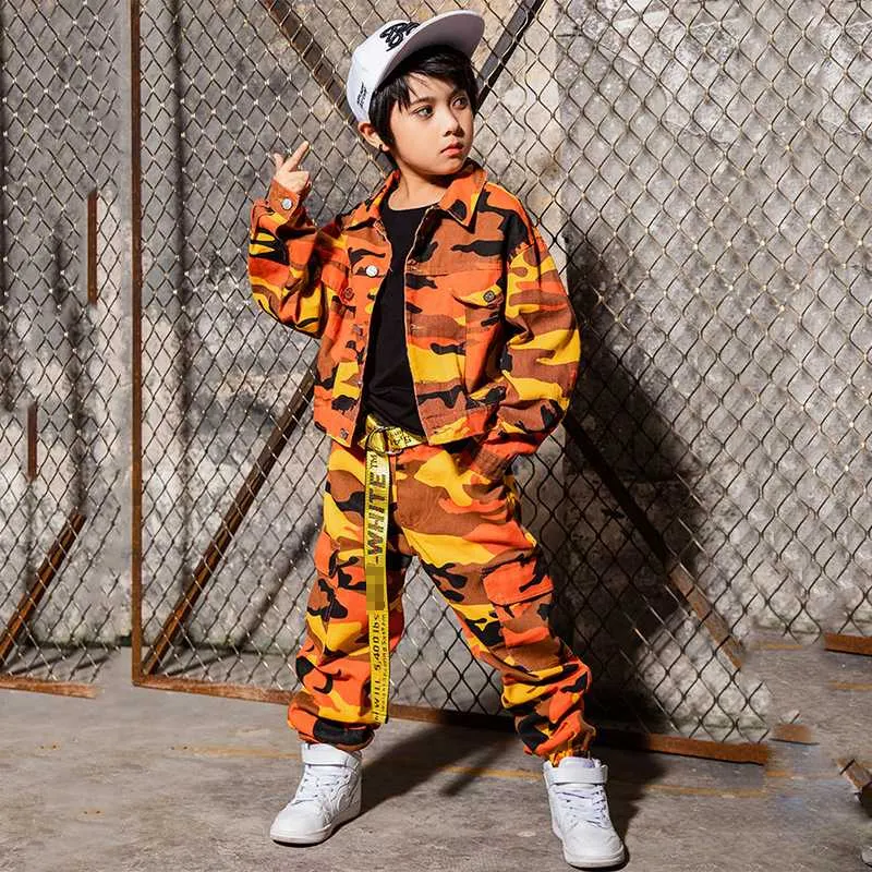 Stage Wear Hip Hop Costume Girls Jazz Dance Costumes For Kids Pink Orange  Camouflage Jacket Pants Boys Street Dancing Clothes Show DN2591