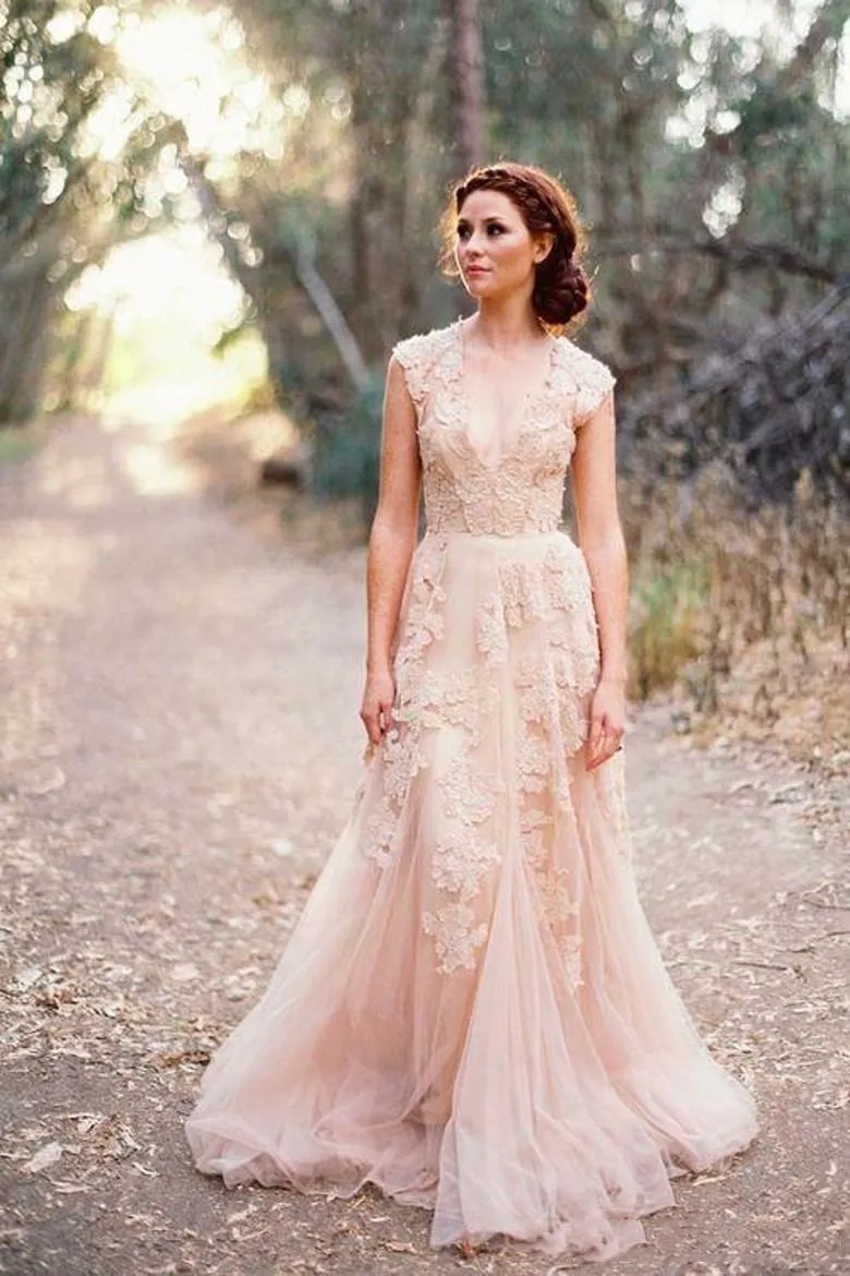 Boho Blush Pink Lace A Line Wedding Dress 2022 With Deep V Neck