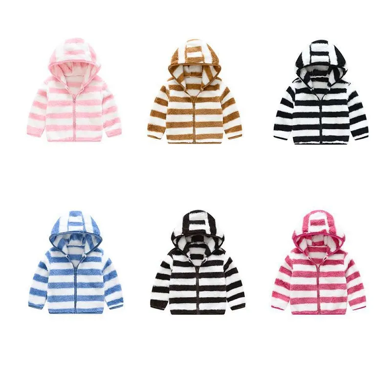 Children's Hooded Cardigan Coat för Baby Girls Boys Kläder Höst Kids Casual Fleece Warm Fur Tinken Striped Jacket Outwear M2678