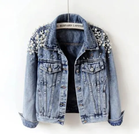 Autumn Spring Woman Basic Coats Women Denim Jacket Pearls Beading Fashion Jeans Coat Loose Long Sleeve Jacketsltjl