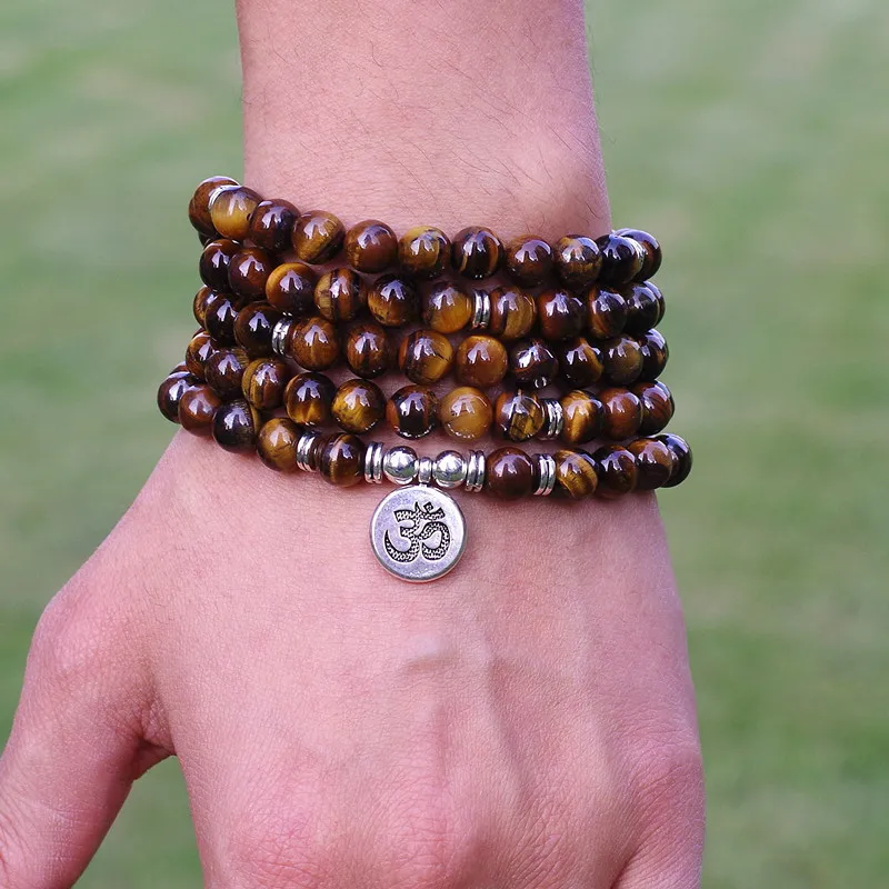 Gioielli da donna Uomo 8mm Tiger Eye Stone Tibetan OM Strand Handmade DIY 108 Mala Beads Yoga Bracciale o collana