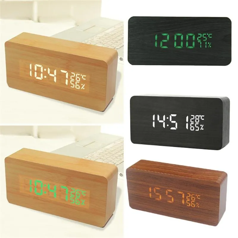 Desk & Table Clocks LED Square Bedside Small Alarm Clock Innovative Gift Wooden Voice Control