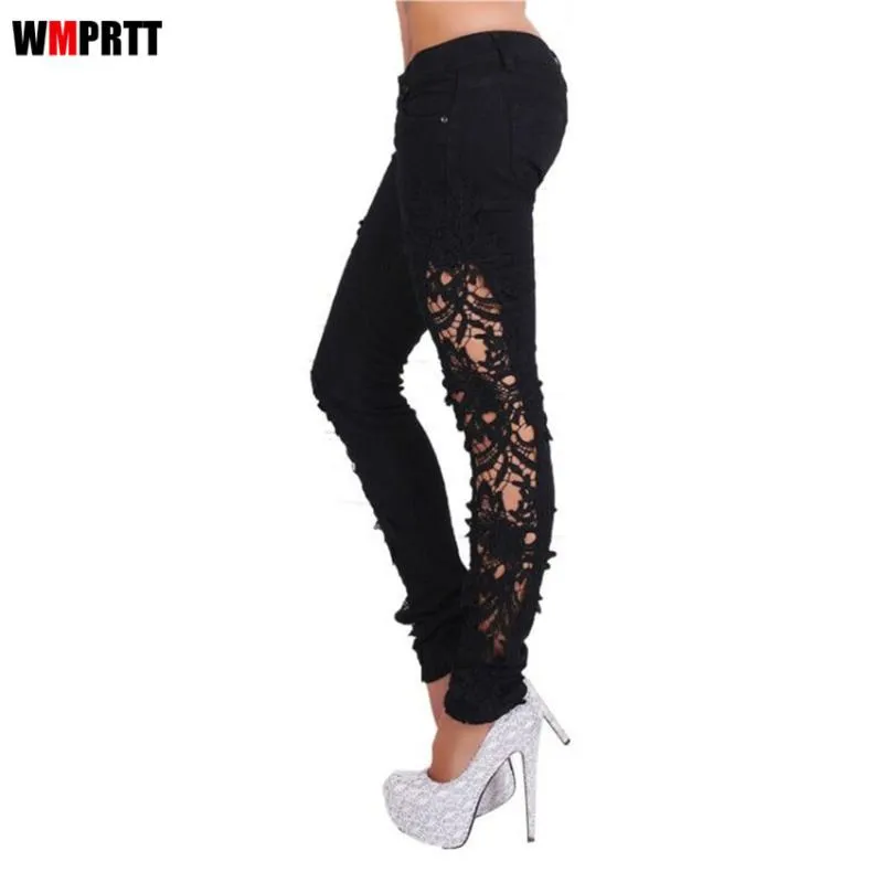 Jeans pour femmes 2021 Femmes Mode Côté Dentelle Creux Out Skinny Denim Broderie Trou Femme Crayon Pantalon Patchwork Pantalon pour