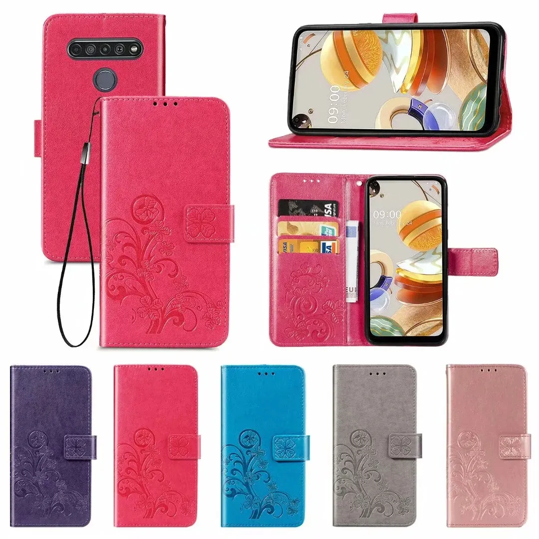 Avtryck Lucky Clover Leather Wallet Falls för Samsung Galaxy S23 Ultra Plus A14 5G A23E X Cover 6 Pro M13 4G A04S A13 5G Obs 20 iPhone 12 Flower Flip Cover Telefonpåse