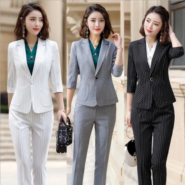 Grey White Black Elegant Striped Office Pants Suits for Women Summer Blazer  Pants Ladies Work Pant Suit 2 Piece Pantsuit Outfits