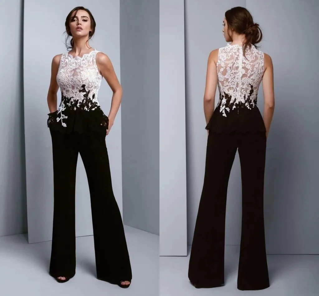 Womens Jumpsuit Elegant Formal Evening Dresses 2022 White Lace Black Pantsuits See Though Top Prom Bridesmaid Party Dress Plus Size Pant