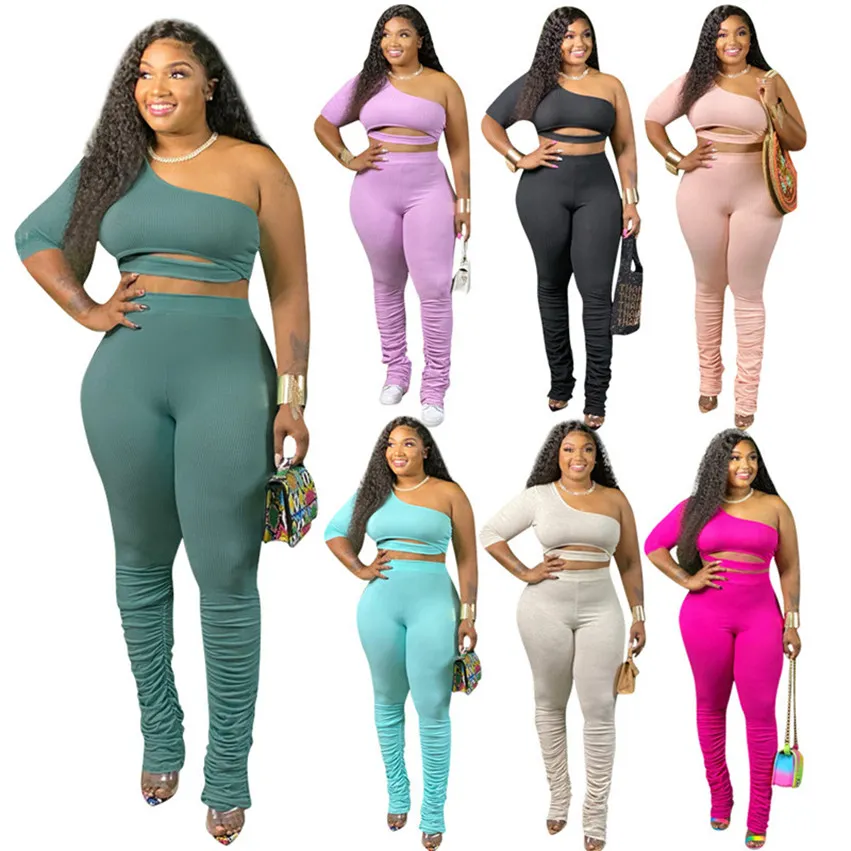 Women Solid Color Ruched Outfits 2pcs set Fall Winter 4xl Tracksuits One shoulder Hoodies Flared Legging Jogger Suits Sweatsuits DHL 3661