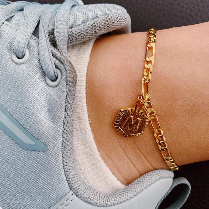 A ~ Z 26 Initial Brev Anklets Sommar Hexagon Alfabetet Ben Anklet Armband För Kvinnor Flickor Beach Foot Smycken Fötter Kedjor Vänskap Gåvor