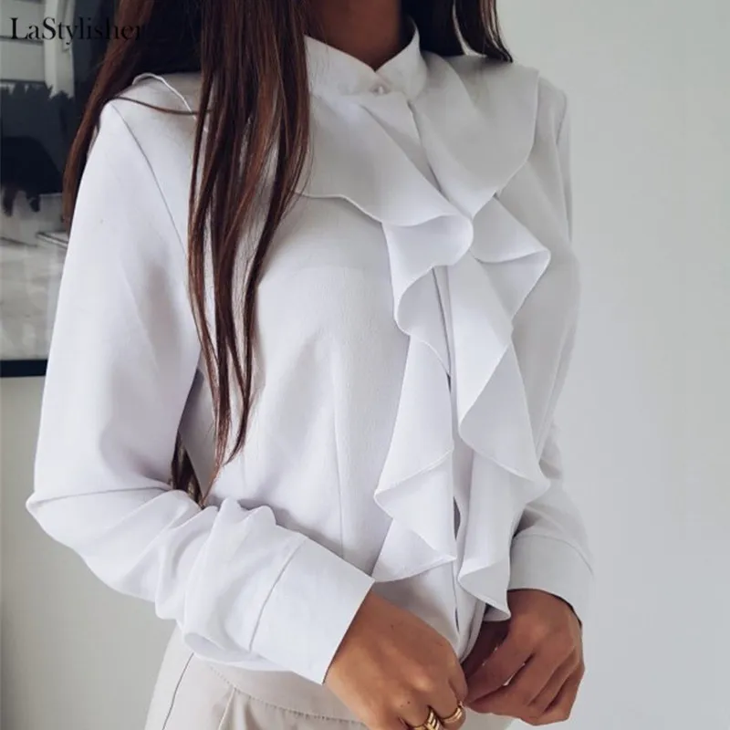 Camicette da donna con volant Camicia bianca Camicetta da ufficio elegante nera Manica lunga Taglie forti Abbigliamento da donna Camicetta femminile 2020 Autunno