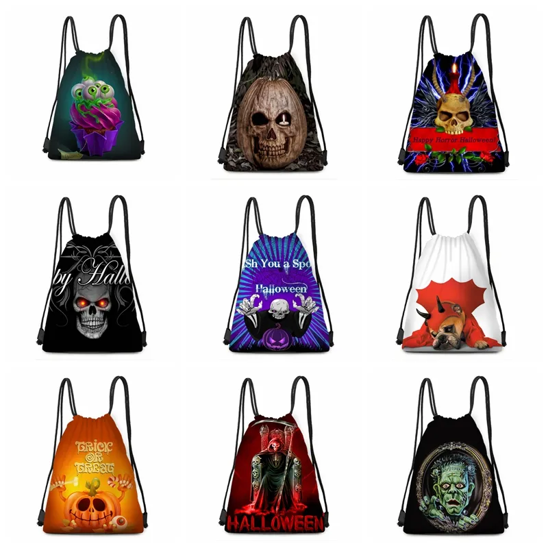 Halloween Polyester Kordelzug Taschen Scary Horror Ghost Kürbis Studenten Tragbare Rucksack Taschen Outdoor Kordelzug Einkaufstasche VT1671