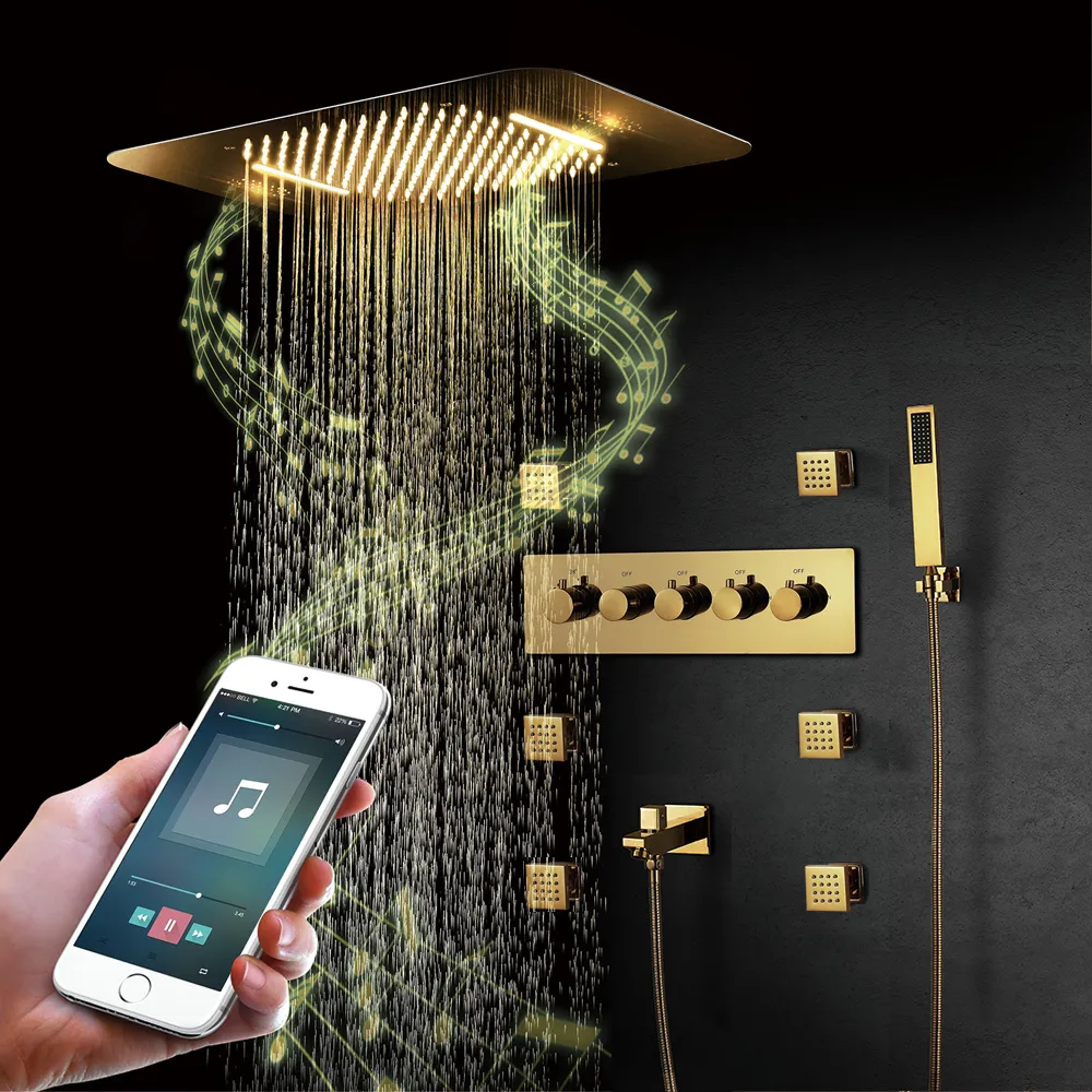 Set doccia con musica Bluetooth Soffione a cascata con getto a pioggia Set doccia a LED contemporaneo Miscelatore termostatico in ottone color oro261K