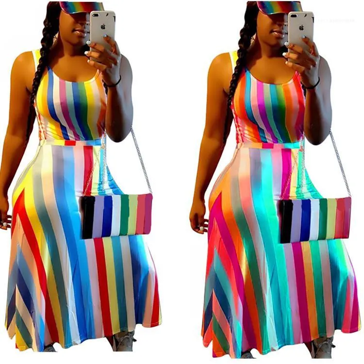 A-линия Maxi платье Vestidos 2020 лето платье без рукавов 3D Красочный Полосатый печати Дизайнер платья женщин вскользь
