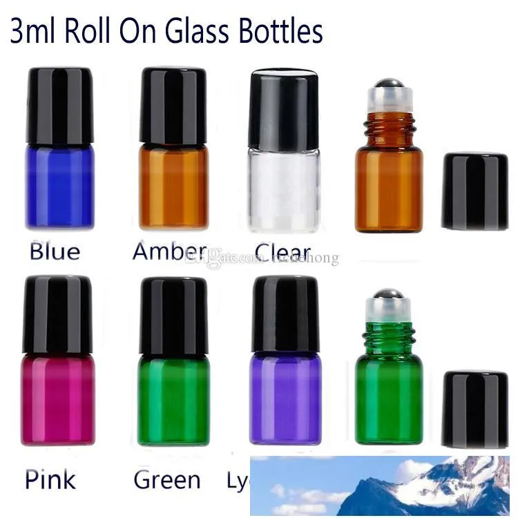 Rollo de vidrio de 3 ml en botellas ámbar azul claro rosa verde lyons azul con bola de acero inoxidable para aceite esencial