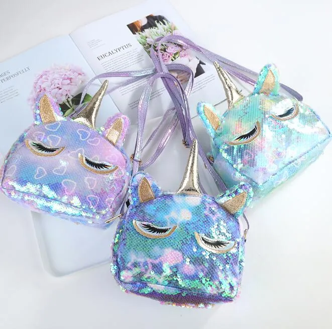 4 colores Lentejuela Unicornio Monedero Niños Dibujos animados Crossbody Bolsa Niñas Brillo Lindo Bolso Diseño Unicornio Cambio de color Bolsas de hombro BY1574