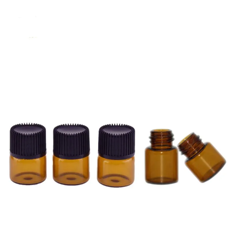 Most Popular 1/4 Dram 1ml Mini Amber Glass Essential Oil Bottles Perfume Sample Tube Bottles With Black Screw Cap LX2770