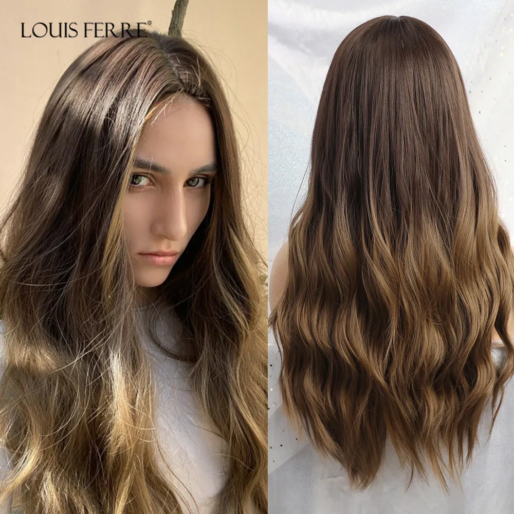 Lång ombre Black Brown Wavy Paryker Hightlight Natural Middle Part Syntetisk peruk för kvinnor Cosplay Värmebeständigt hår