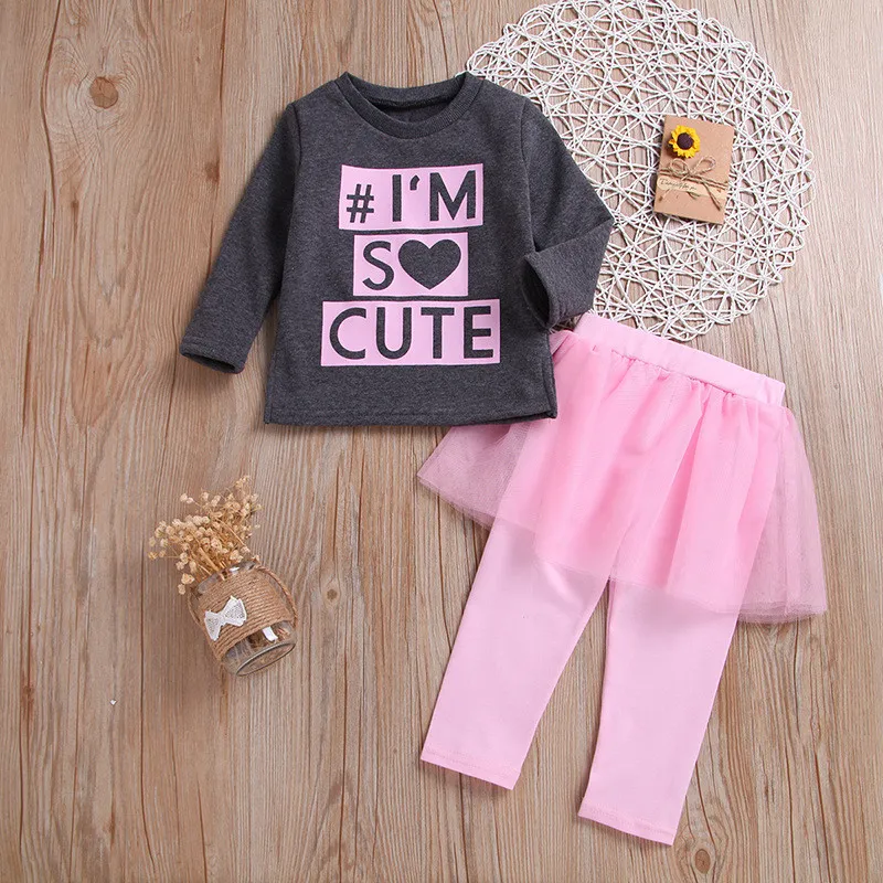 Vêtements de bébé printemps et automne tenues de Noël filles imprimé rose t-shirt à manches longues + jupe en gaze rose mignon petite fille ensemble en gros