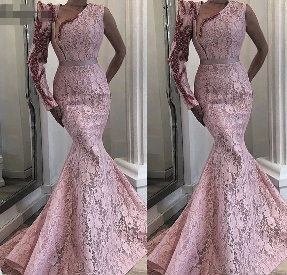 One Shoulder Pink Muslim Evening Dresses Long Mermaid Lace Appliqué Beaded lace Elegant Luxury Dubai Evening Gowns 2020 Prom Dress