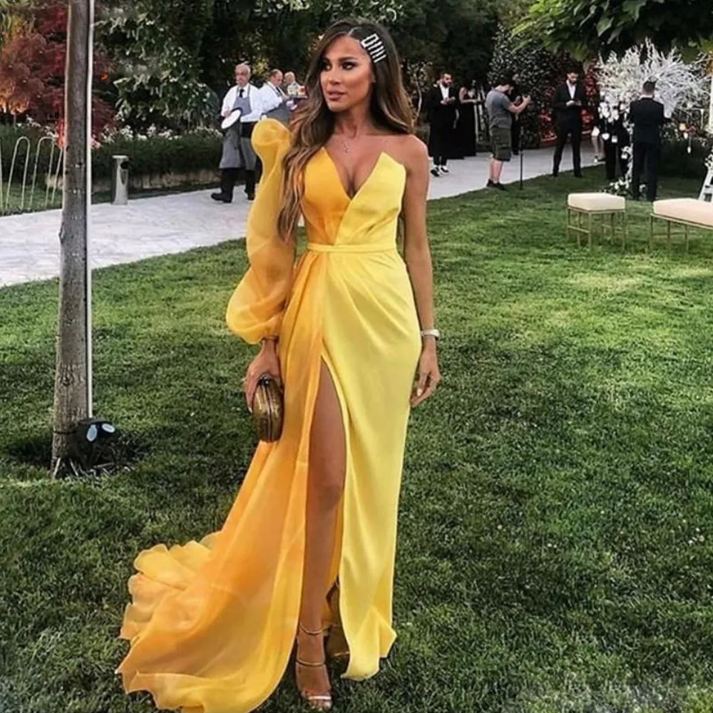 Yellow Evening Dress Elegant Long Sexy V Neck Slit Formal Party Dress Organza Long Sleeves Prom Dress Woman Party Night