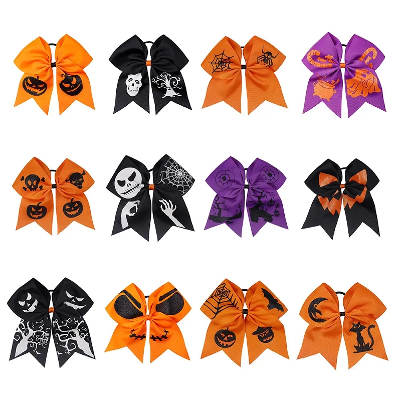 7 pouces Halloween citrouille imprimé ruban arcs gros-grain longs noeuds cravate fille bandeau avec corde à cheveux élastique enfants accessoires de cheveux en caoutchouc M2533