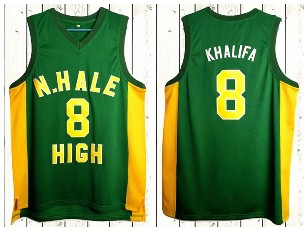 Wholesale Wiz Khalifa＃8 N.ヘイルハイスクールメンズバスケットボールジャージステッチグリーンサイズS-3XL最高品質