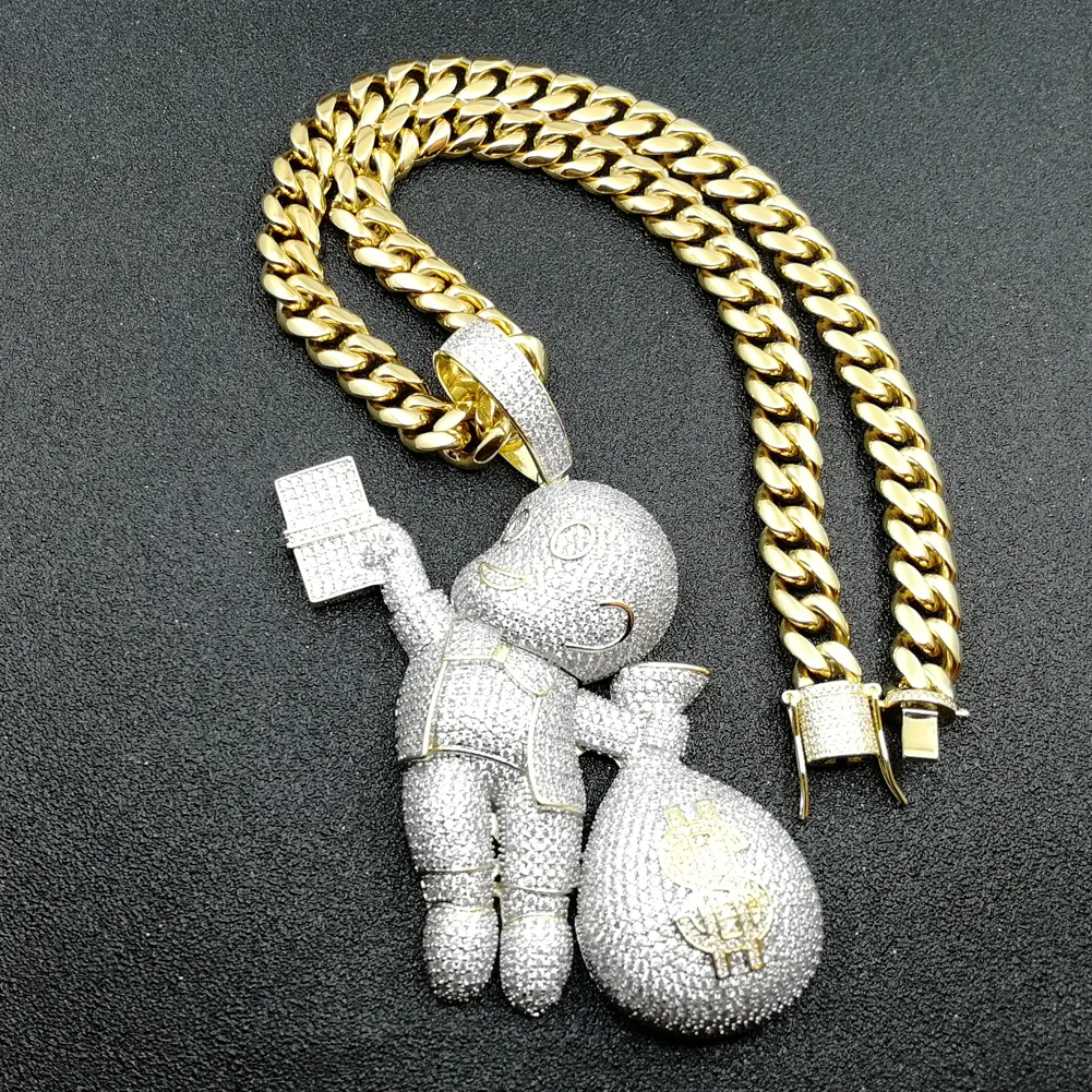 Grande taille de haute qualité en laiton CZ pierres dessin animé sac d'argent pendentif Hip hop collier bijoux Bling Bling glacé CN044B310P