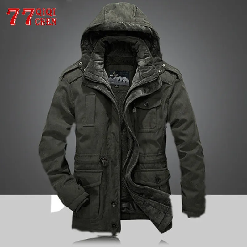 Men's Winter Jacket Thicken Warm Hooded Brand Army Green Jacket Coat Men Cotton Khaki Fleece Thick Coats