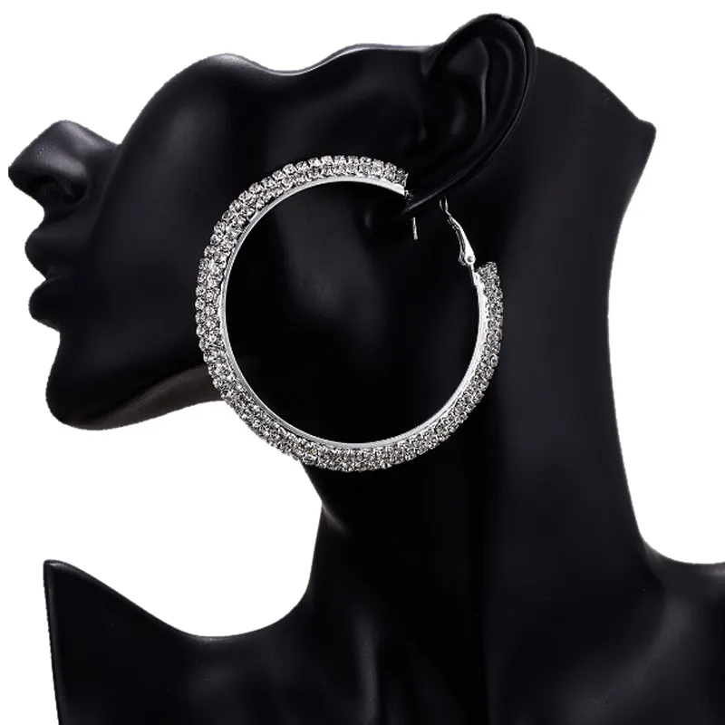 Luksusowy Kryształ Pełny Rhinestone Duży Hoop Kolczyk Klasyczny Duży Okrąg Huggies Silver Plated Moda Kolczyki Dla Kobiet Biżuteria