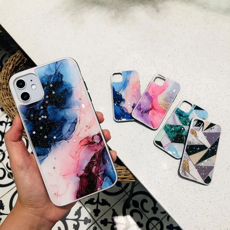 Marble Rhombus Phone Case for iPhone 11 pro max XS Max XR X 8 7 6 Plus Gold Foil Epoxy Protective Back Cover for iphone X XS XR