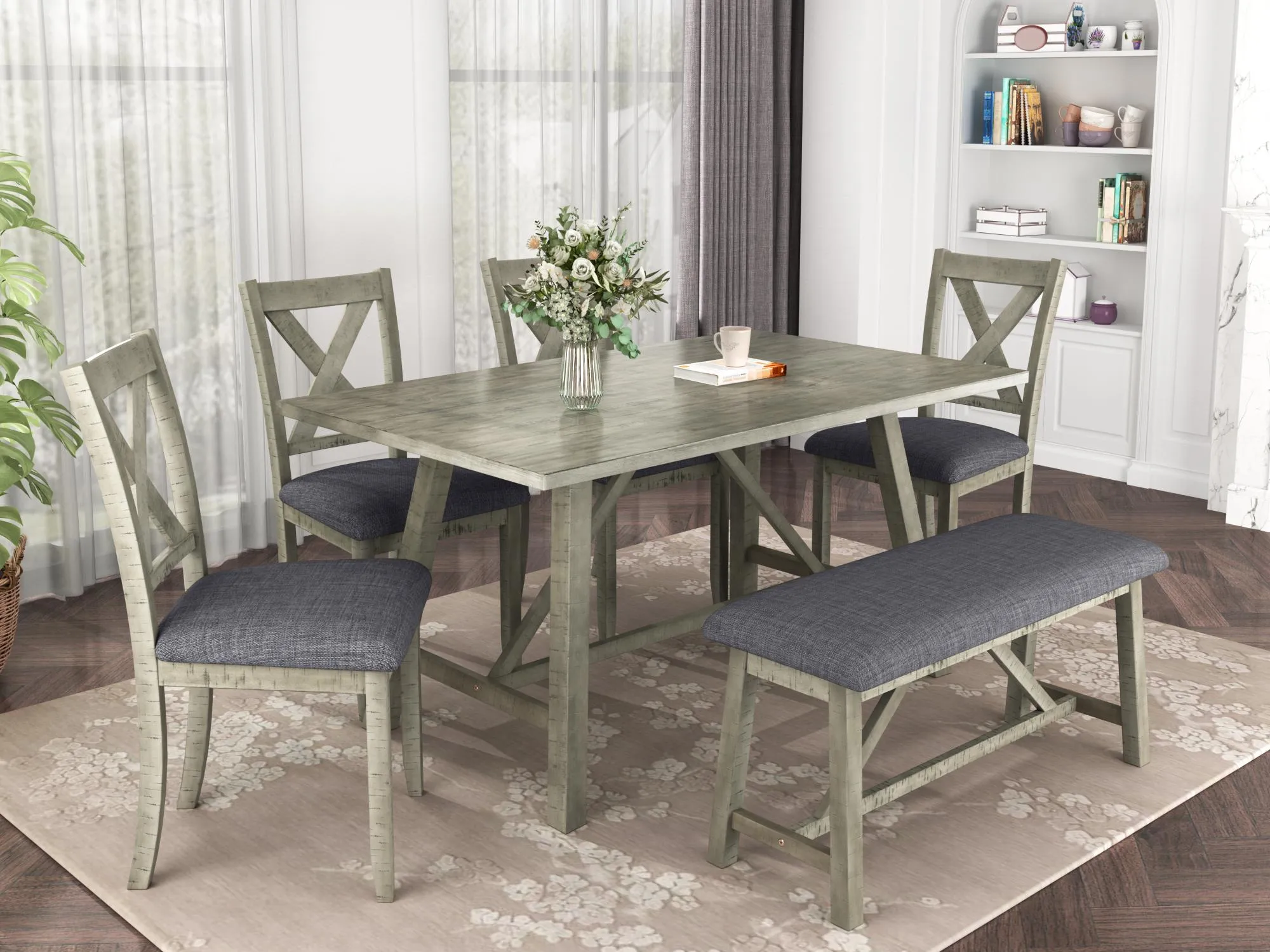 Amerikaanse Voorraad 6 Stuk Grijs Eettafel Set Hout Eetkamer En Stoel Keukentafel Set Met En 4 Stoelen Rustieke Stijl SH000109AAE Van 669,61 € | DHgate