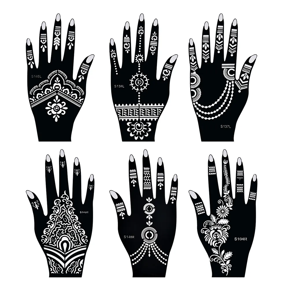 Henna Tattoo Stencils Mehndi India Henna Tattoo Stencil Kit voor Hand Schilderen Vinger Body Paint 6pcs Tijdelijke Tattoo-sjablonen