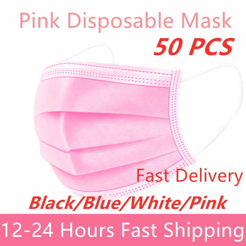 50 PC Máscaras Rosa Dispositivo No tejido No tejido Mascarilla de 3 capas Mascarilla transpirable con la banda de aorbil elástica transpirable adulto rosa máscara